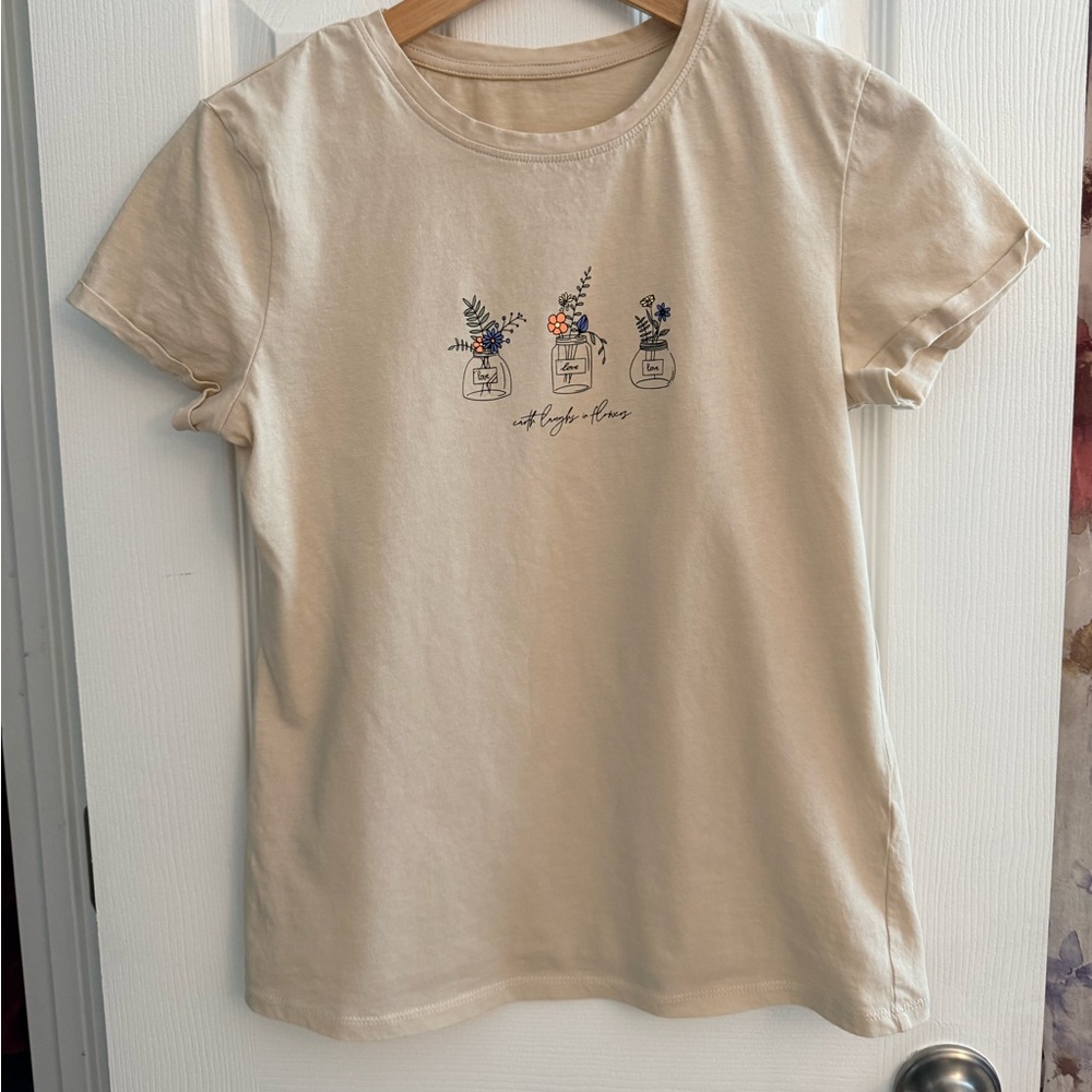 Beige Graphic T-Shirt with Floral Design